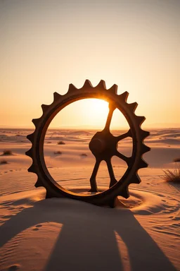 drone view, desert sunrise behind a large rusty cogwheel standing in sand and shadow of the wheel looks like a curved backbone part of giant sandworm monster with jagged backbone fins, large open space, dramatic, cinematic, great shadows, amazing contrasts