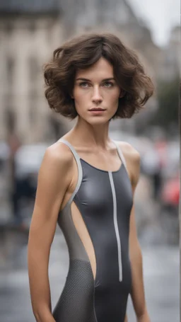 beautiful anorexic young woman, total shot, short shiny anthracite triathlon swimsuit, short brunette wavy bob hair, blurred city background