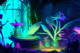 spaceship scene with a female humanoid plant made of vibrant, bioluminescent plant material. tending her garden on a spaceship Communicates through shifts in color and texture.