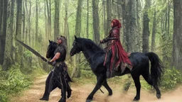 warrior sorcerer leading a black horse on forest path