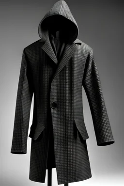 Man's girdle grey long wool coat with embossed black squares and a hood