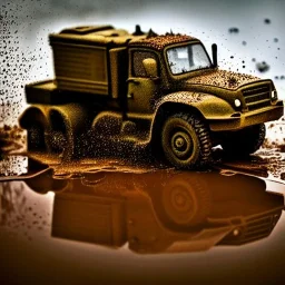 photorealistic shot, muddy military toy truck, monotone color palette, sharp focus, puddle reflection, tire water splash, refraction, mist on the horizon, shadowcast, detailed and intricate, cinematic composition, micro, tilt shift photography