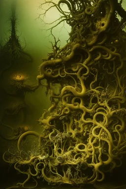 A daguerreotype-style close-up image of a surreal background inspired by Hieronymus Bosch and Max Ernst, featuring twisted organic forms, decaying botanical elements, and strange vegetal growths that seem to pulse with unnatural life. The entire scene is bathed in soft, ambient lighting that creates an otherworldly atmosphere, with areas of deep shadow contrasting against the pale, spectral glow of the figures.