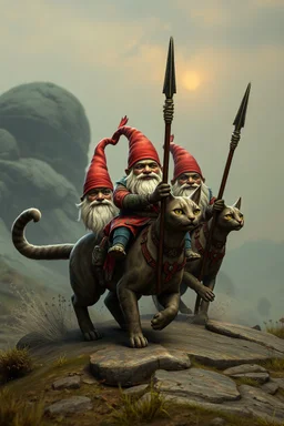 gnomes riding cats with lances in the style of fallout 4