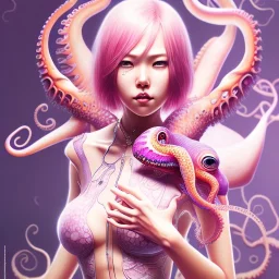  Asian woman, leaning pose, slobbe octopus , pink short hair, latex suit, full body, squid, intricate detail , portrait, high lighting, Gradient background, style <Yoji Shinkawa>,