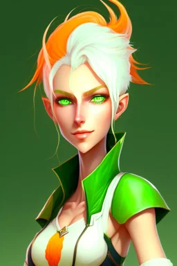 fantasy setting, woman with orange and white hair, green eyes, tall and thin, kind, soft facial traits