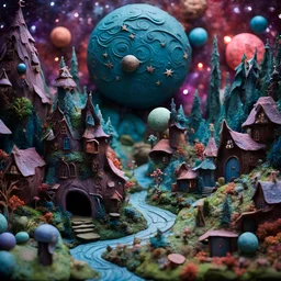 Detailed creepy landscape made of modeling clay, fairy tale, people, village, stars and planets, Roger Dean, naïve, Tim Burton, strong texture, Ernst Haekel, extreme detail, Max Ernst, decal, rich moody colors, sparkles, bokeh, odd, giant boy as a background