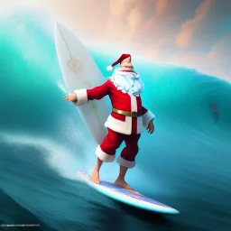 Santa standing of surfboard surfing a big wave, empty hands, beach, character design by cory loftis, fenghua zhong, ryohei hase, ismail inceoglu and ruan jia. unreal engine 5, artistic lighting, highly detailed, photorealistic, fantasy