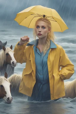 In the music video, a 23-year-old woman with blonde hair and bright blue eyes stands in the sea, se has a bun. dressed in a yellow fisherman's jacket. She holds an umbrella, but it offers no protection from the pouring rain. Around her, heavy horses are moving. The rain is pouring heavily. She is standing in the middle of the sea. You can see here completely. Horses only the girl and horses, i wanna see the horses dancing around her. She is wearing a fishers outfit. NOT SEXY!!