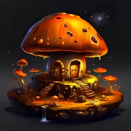 Wonderful spotless mushroom house in space. Floating Island in space. Black, tangerine and lemon colored. fine detail oil painting photo realistic hyper detailed perfect composition trending on artstation.
