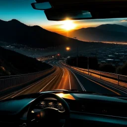 night time, a car dashboard lighting up, a dark mountain road in the windscreen, with a beautiful city in the distance, rising sun, photo quality