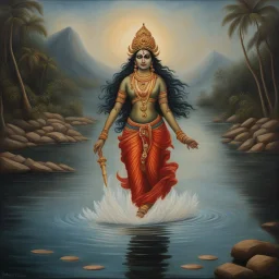 An oil painting of godess Kali crossing a lake