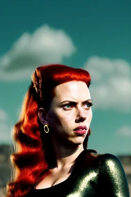 retro portrait image from 1960, sky background, wind, long red hair, fighting stance, sweet young Scarlett Johansson, black dress, classic long tight lycra black suit, gold bracelet and belt, high heel boots, superhero style, soft color, highly detailed, unreal engine 5, ray tracing, RTX, lumen lighting, ultra detail, volumetric lighting, 3d, finely drawn, high definition, high resolution.