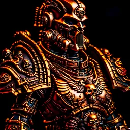 copper , upper torso portrait of Adeptus Astartes, young african man, Mostly onyx metal with copper accents color palette , Primaris Space Marine Infiltrator armor, Depth of field, Warhammer 40K , highly detailed, cinematic lighting, symmetry, symmetrical, anatomically accurate, Chapter Master , raven on chest plate