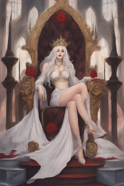 Beautiful white haired Vampire queen on her throne, drawing