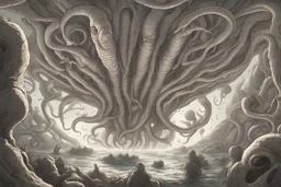 View from a spaceship into a natural event horizon in space with many enormous strange tentacled creatures, with huge mouths, flying around in the black