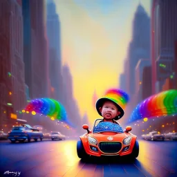 A one-year-old boy rides in the plastic funny toy-car on the middle of a busy street in new york. He has and a large-brimmed straw hat. somehow photographic bright colors and sunset, fantasy art, Anna Dittmann, digital painting, dan mumford, oil on canvas, jeff koons, akihito yoshida, wlop, kodachrome,