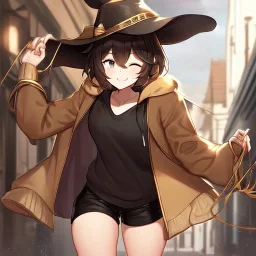 Clear focus, High resolution, short brown spiky hair, hair between eyes, eyes closed, wearing a brown detective hat, wearing a brown jacket and a black shirt, wearing black shorts, 1girl, pulling hat down, smiling, wearing a oversized hoodie