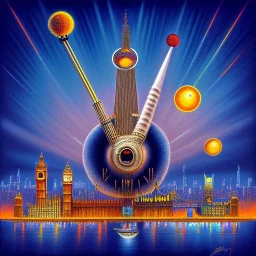 A monkey playing the drums, london skyline at night, in the style of Salvador Dali