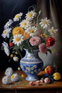 oil painting flowers in vase with more detail in background