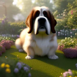 pixar style, volumetric summer garden environment and background, realistic painting of saint Bernard, looking excited, volumetric lighting, dramatic lighting, detailed digital painting, extreme dense and fine fur, anime, ornate, colour-washed colors, elegant, small minutiae, tiny features, particulars, centered, smooth, sharp focus, renderman gofur render, 8k, uhd, detailed eyes, realistic shaded volumetric lighting, sunlight caustics, backlight, centered camera view