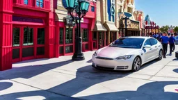 A Tesla's 'Model S Plaid' is racing at top speed, across the 'Universal Studios Orlando', in Florida. CINEMATIC. WIDE ANGLE LENS.