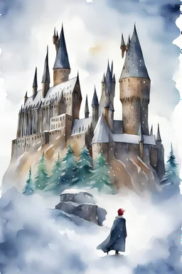 New Year's watercolor Harry Potter. Against the background of the Christmas tree and Hogwarts. Lots of snow.