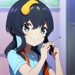 Clear focus, High resolution, a anime kid, cute, cartoony style, smiling, anime screencap, hair between eyes, holding a pencil, small forhead, female, medium length hair, long locks, lots of bangs