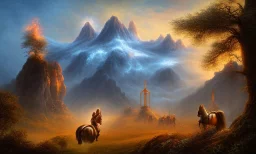 lost souls, the four horsemen of the apocalypse, rapture, peaceful meadow with mountains on fire in the background