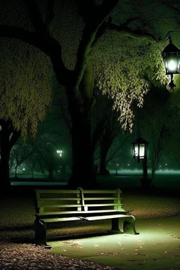 Park at night with lanterns, square bench, and dirt roads, trees, gothic horror films influence, creepy, photography