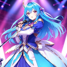 girl, masterpiece, best quality, volumetric lighting, detailed outfit, perfect eyes, long hair, blue hair, pink eyes, magical girl, music stage, microphone,