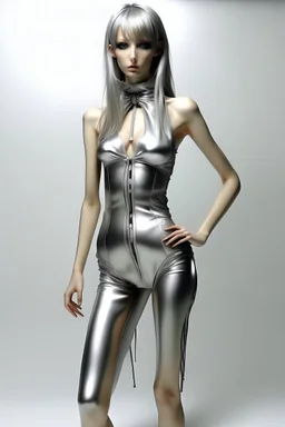 full body shot, Terry Richardson, beautiful woman, anorexic, sexy silver swimsuit, photorealistic, hair to chin