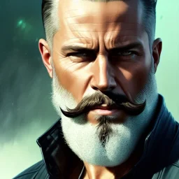 "MIddle aged white human male, with a trimmed but uneven beard, piercing green eyes with slick back hair,complete head and shoulders portrait, 8k resolution concept art portrait by Greg Rutkowski, Artgerm, WLOP, Alphonse Mucha dynamic lighting hyperdetailed intricately detailed Splash art trending on Artstation triadic colors Unreal Engine 5 volumetric lighting Splash art fantasy"