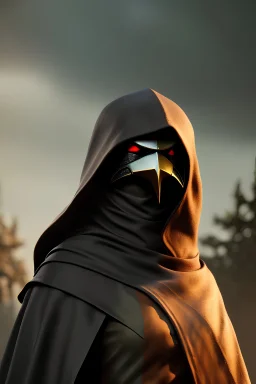 Portrait, Kenku female ranger character, Caucasian, black cloak over head, black, 4k resolution, intricate details, ornate details, soft lighting, vibrant colors, retroanime, masterpiece, natural background, realistic