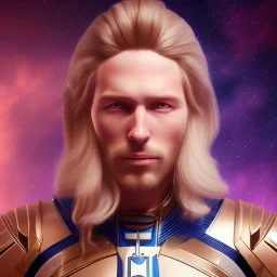 Full body ,Beautiful cosmic man, blue eyes, long blond hair, cosmic suit, galactic backdrop, soft lighting, hyper realistic, unreal engine 5, 16k