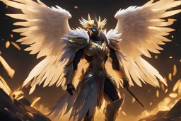 Ra in 8k solo leveling shadow artstyle, golden them, neon effect, big white wings, feathers, full body, apocalypse, intricate details, highly detailed, high details, detailed portrait, masterpiece,ultra detailed, ultra quality