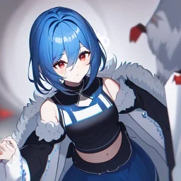 Clear focus, High resolution, rough line art, cute, cartoon, medium blue hair, hair between eyes, fluffy hair, red eyes, wearing a black sleeveless crop top, wearing a white jacket thats of her shoulders, wearing a blue skirt, cutsleeves blue strap and white color, intricately detailed outfit