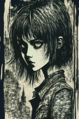 create a disturbing horror full body pen and ink sketch of a dark haired, savage, gothpunk vampire girl with highly detailed , sharply defined hair and facial features, in a dark, otherworldly London in the style of Junji Ito, precisely drawn, inked, with dramatic edges,