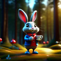 (A rabbit with a long and thin body, holding a teacup in his hand, the background is the forest, he is drinking the teacup happily, he is wearing blue and red clothes, black pants, and boots on his feet ) , adorable, adorable, whimsical, 3D vector art, cute and quirky, fantasy art, watercolor effect, bokeh, Adobe Illustrator, hand-drawn , digital painting, low-poly, low-light, panoramic view, isometric style , retro aesthetic , focus on character, 4K resolution, photorealistic rendering, using