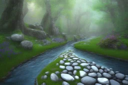  winding stone path lit river