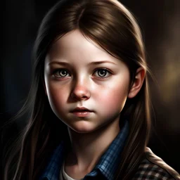 Castiel and Dean Winchester's daughter, a twelve years old girl, blue eyes, dark brown hair, freckles on her cheeks, wearing plaid.