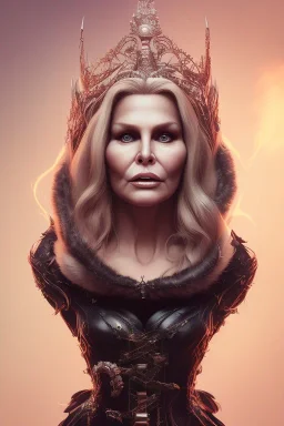 Jennifer Coolidge as evil queen in black leather, cleavage, angry, stern look. character design by cory loftis, fenghua zhong, ryohei hase, ismail inceoglu and ruan jia. unreal engine 5, artistic lighting, highly detailed, photorealistic, fantasy