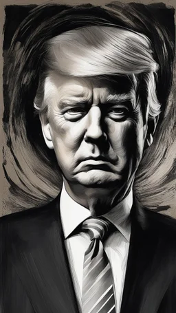 chiaroscuro portrait illustration of trump in the style of threadbare abstract expressionism, ebony , black, and pewter , vintage abstract cut-and-paste, ricoh gr iii, editorial illustrations, fine lines, highly detailed hair and facial features