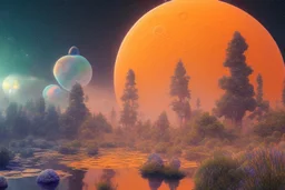 orange and blue crystal cosmic and galactic ambiance sunny sky trees river field surreal, full of details, smooth, bright sunshine，soft light atmosphere, light effect，vaporwave colorful, concept art, smooth, extremely sharp detail, finely tuned detail, ultra high definition, 8 k, unreal engine 5, ultra sharp focus