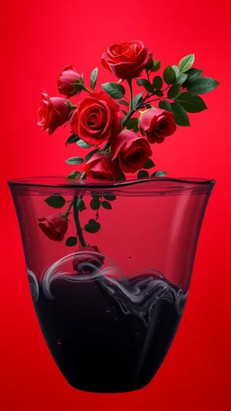 The image is a digital artwork that depicts a branch of red roses tangling in to a water in black vase with aThe rose floats on the surfaces of the water, creating a wave-like effect. The background is red which makes a branch of a tree of red roses stand out even more. Water droplets are scattered adding to the dreamy, ethereal quality of the image.
