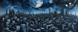 A dark blue urban city with warped moons painted by Guo Xi