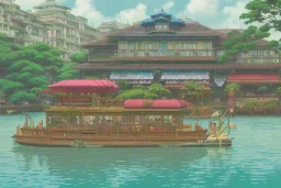 Boat restaurants in front of Empire Metropolis+hanging garden of babylon+karnaca+rome+istanbul+Burano+barocco Skyscraper+steampunk+colorful city,alphonse mucha,greg rutkowski,matte painting, cryengine