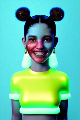 Rosalía artist, Ultra Realistic image, waist up portrait, perfect gold teeth, black eye line, sweet smile face, pigtails hair, spray line make up, geometric, gold, big rings piercing, led ornament, bubble latex coat, inflatable, cold, led lights, geometric, neon, pink, blue, gold, vibrant color, highly detailed, art stations, concept art, smooth, unreal engine 5, god rays, ray tracing, RTX, lumen lighting, ultra detail, volumetric lighting, 3d, finely drawn, high definition, high resolution.