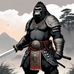[art by Dorohedoro] a gorilla female with dreadlocks, clad in intricate samurai armor, stood poised on high guard, her keen eyes scanning the horizon for any sign of danger. In her powerful grip, she wielded a gleaming katana, its blade reflecting the light with a deadly glint.