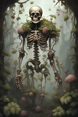 Skeleton, living skeleton, undead, leather armor, fungal growths, walking, full armor, medieval, vines holding together limbs, vine tendons, short, small skeleton, robed, animated by plants, wearing leather armor, flowers growing from skull, reinforced by vines